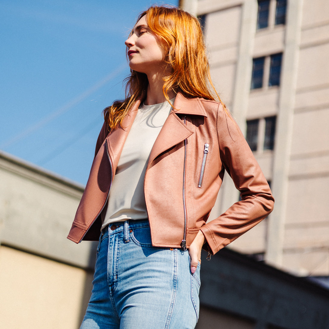 Liquid Leather™ Zip Cuff Moto Waist Jacket - Tan - Final Sale | Clara Sunwoo