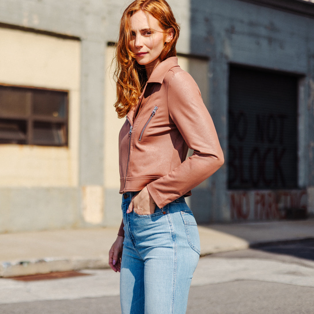 Liquid Leather™ Zip Cuff Moto Waist Jacket - Tan - Final Sale | Clara Sunwoo
