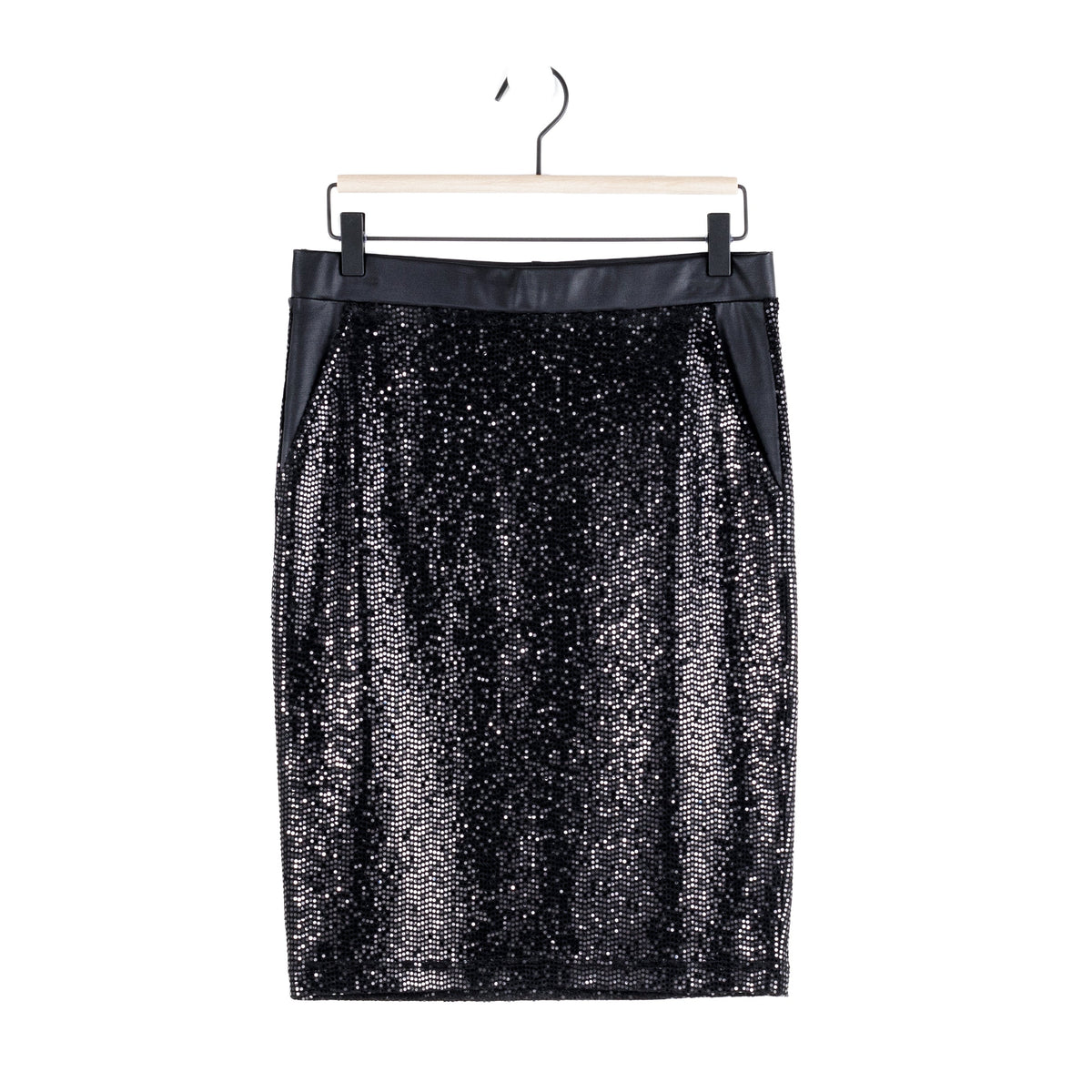 Sequin Knit - Liquid Leather™ Trim Pencil Skirt - Black - Final Sale | Clara Sunwoo