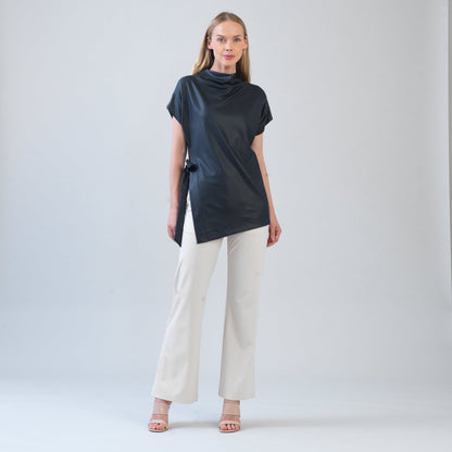 Liquid Leather™ - Funnel Neck Side Vent Tie Tunic - Black - Final Sale! | Clara Sunwoo