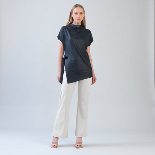 Liquid Leather™ - Funnel Neck Side Vent Tie Tunic - Black - Final Sale! | Clara Sunwoo
