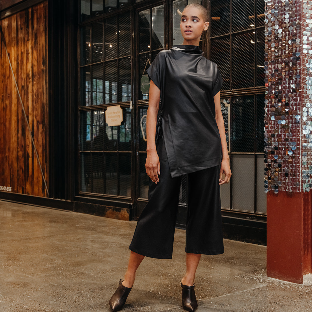 Liquid Leather™ - Funnel Neck Side Vent Tie Tunic - Black - Final Sale! | Clara Sunwoo