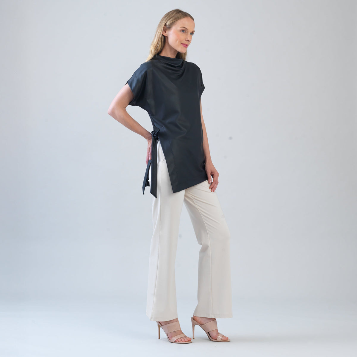 Liquid Leather™ - Funnel Neck Side Vent Tie Tunic - Black - Final Sale! | Clara Sunwoo