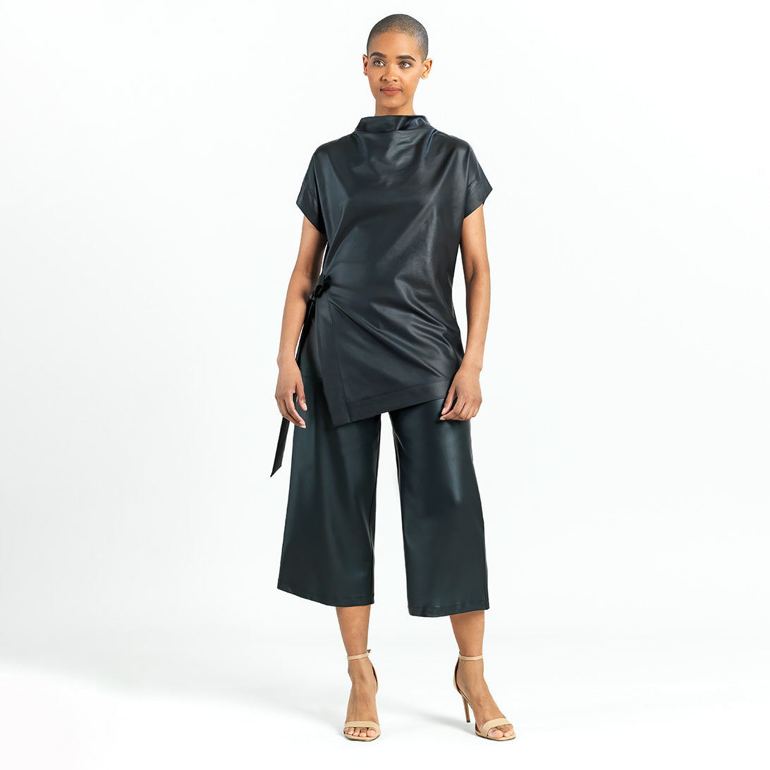 Liquid Leather™ - Funnel Neck Side Vent Tie Tunic - Black - Final Sale! | Clara Sunwoo