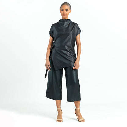 Liquid Leather™ - Funnel Neck Side Vent Tie Tunic - Black - Final Sale! | Clara Sunwoo