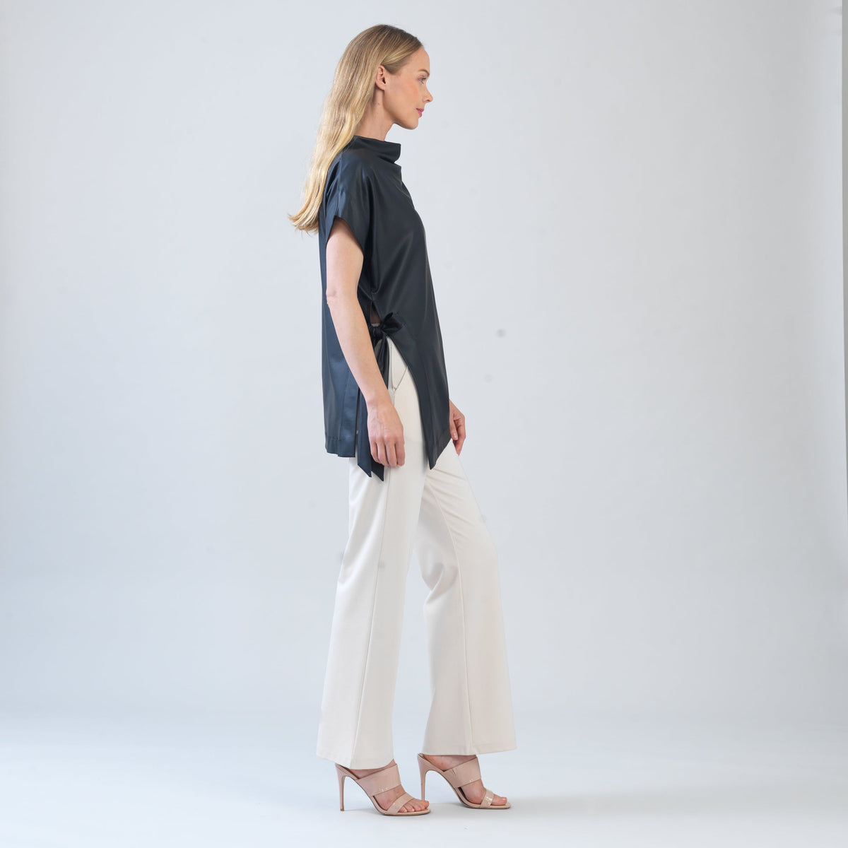 Liquid Leather™ - Funnel Neck Side Vent Tie Tunic - Black - Final Sale! | Clara Sunwoo