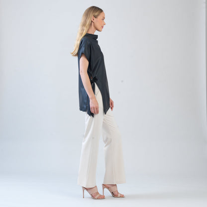 Liquid Leather™ - Funnel Neck Side Vent Tie Tunic - Black - Final Sale! | Clara Sunwoo