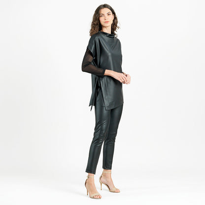 Liquid Leather™ - Funnel Neck Side Vent Tie Tunic - Black - Final Sale! | Clara Sunwoo