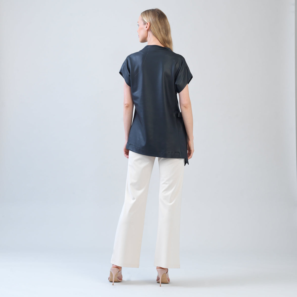 Liquid Leather™ - Funnel Neck Side Vent Tie Tunic - Black - Final Sale! | Clara Sunwoo