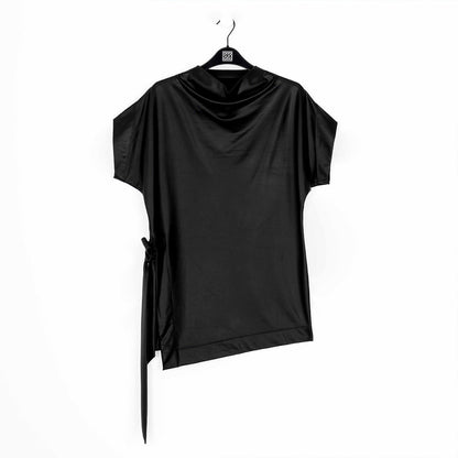 Liquid Leather™ - Funnel Neck Side Vent Tie Tunic - Black - Final Sale! | Clara Sunwoo