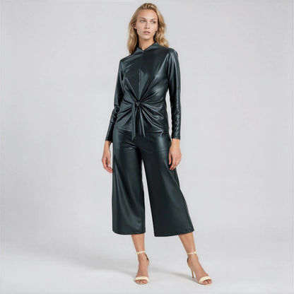Liquid Leather™ - Sheen Center Front Tie Top - Black - Final Sale | Clara Sunwoo