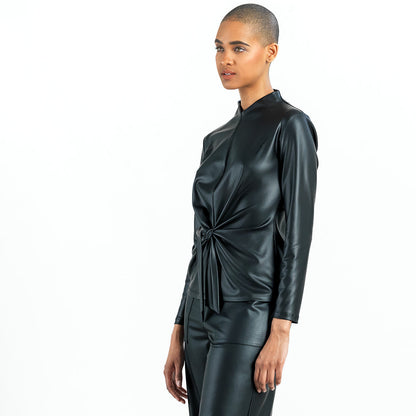Liquid Leather™ - Sheen Center Front Tie Top - Black - Final Sale | Clara Sunwoo