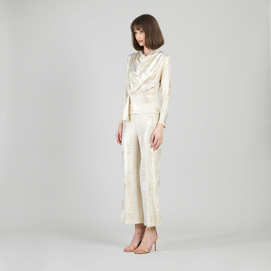 Foil Sheen - Long Sleeve Loop Front Top - Champagne - Final Sale | Clara Sunwoo