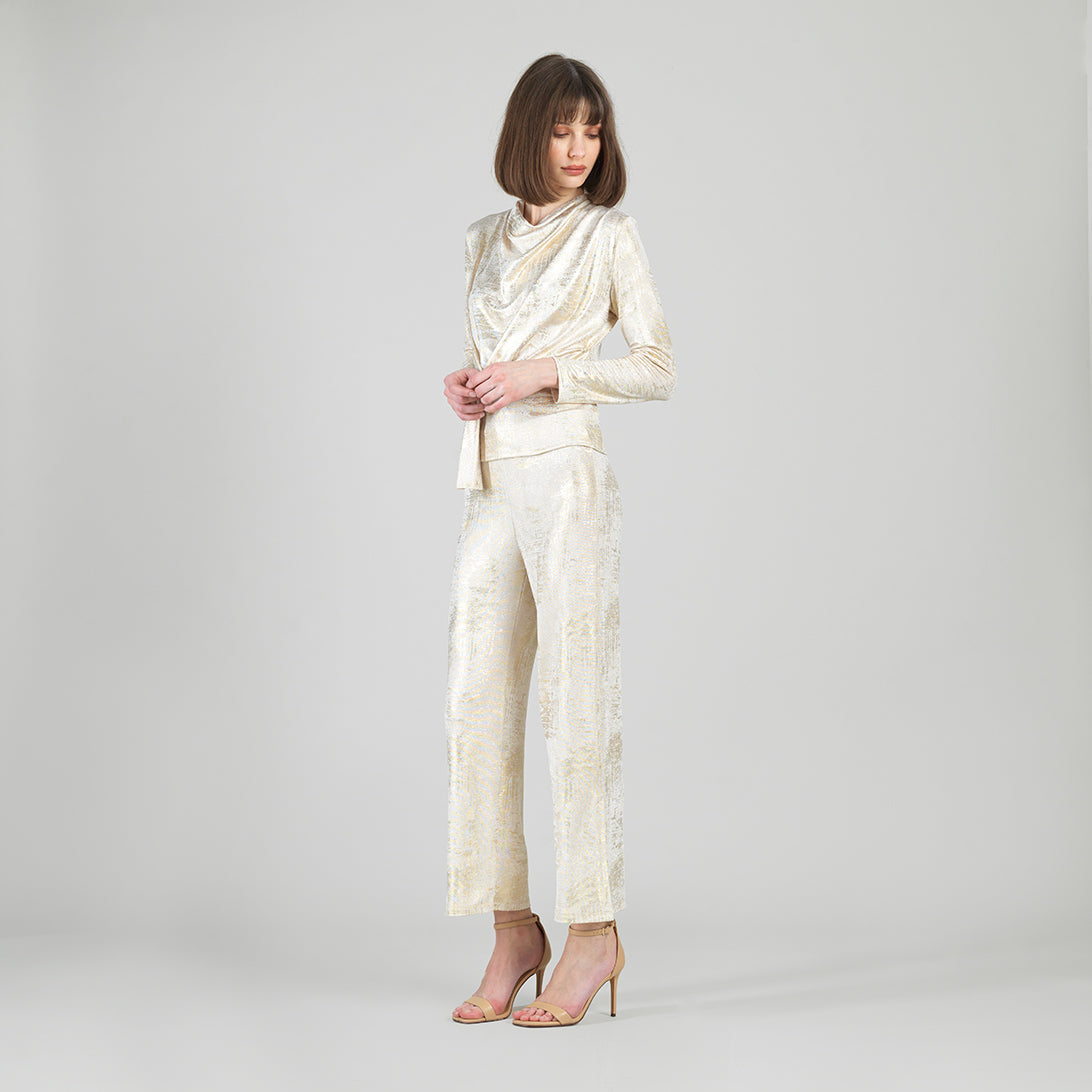 Foil Sheen - Long Sleeve Loop Front Top - Champagne - Final Sale | Clara Sunwoo