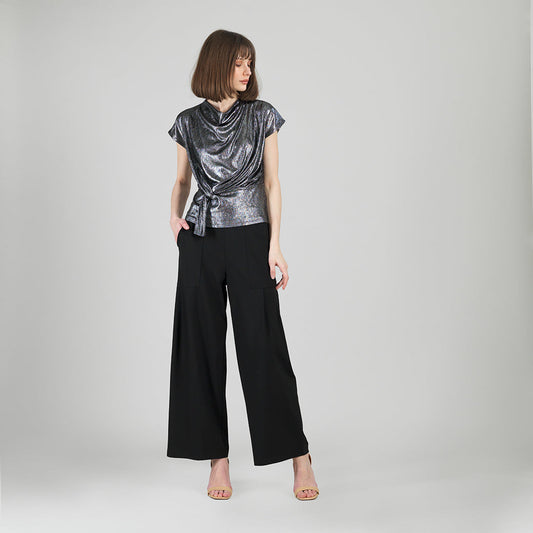 Metallic Shimmer - Drape Neck Loop Front Top - Gunmetal - Limited Sizes | Clara Sunwoo