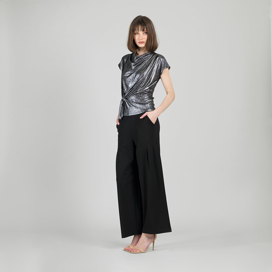 Metallic Shimmer - Drape Neck Loop Front Top - Gunmetal - Limited Sizes | Clara Sunwoo