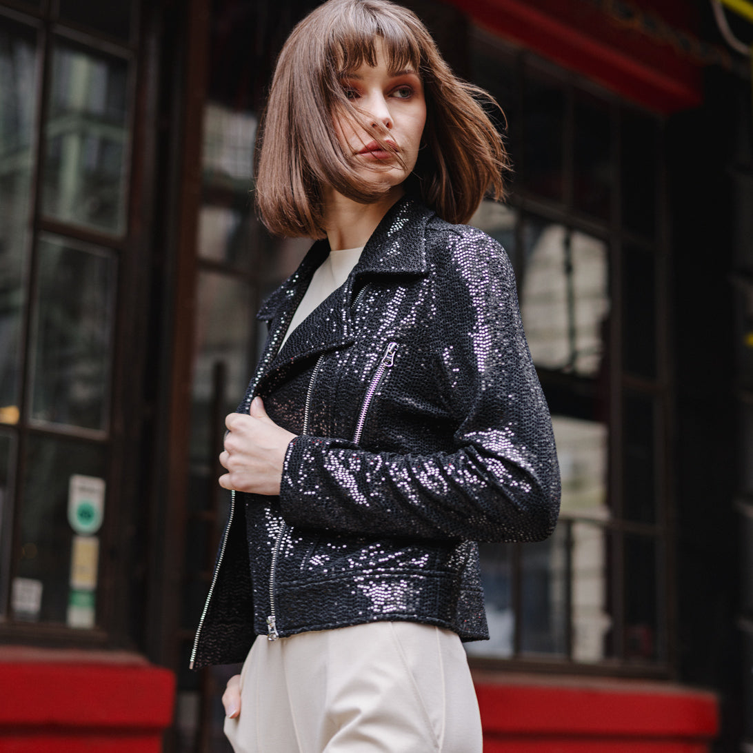 Sequin Knit - Moto Waist Jacket - Black - Final Sale | Clara Sunwoo