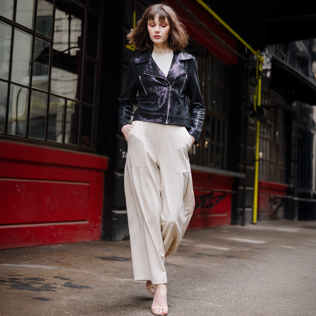 Sequin Knit - Moto Waist Jacket - Black - Final Sale | Clara Sunwoo