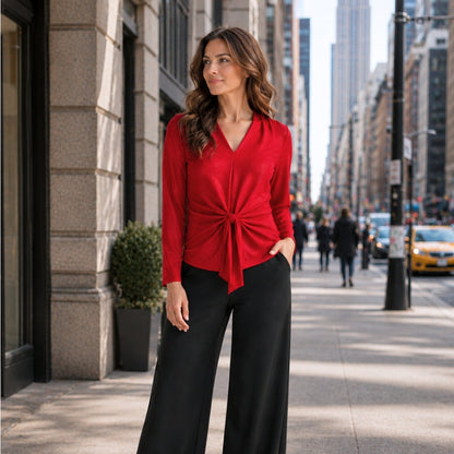 Glimmer Speck - V-Neck Center Front Tie Top - Red - Final Sale | Clara Sunwoo