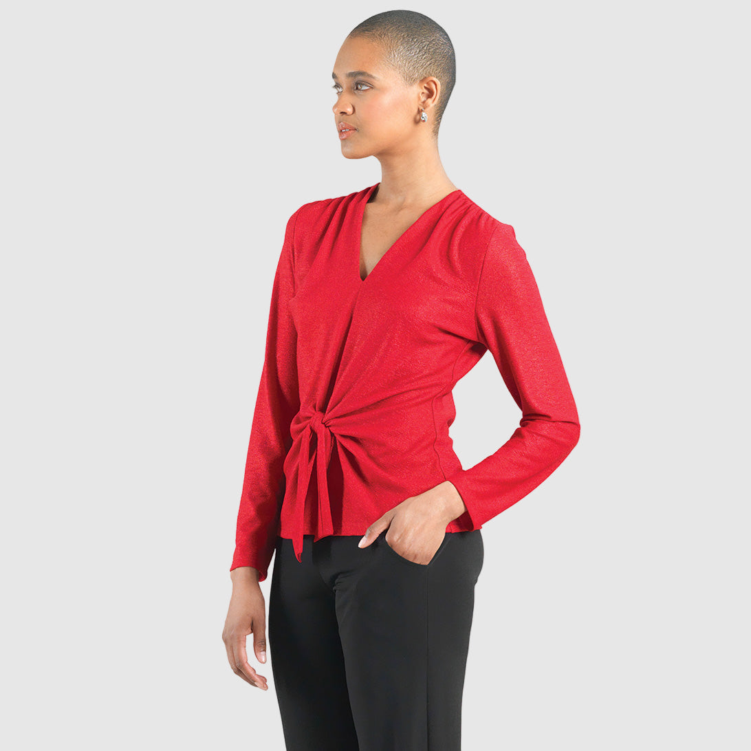 Glimmer Speck - V-Neck Center Front Tie Top - Red - Final Sale | Clara Sunwoo