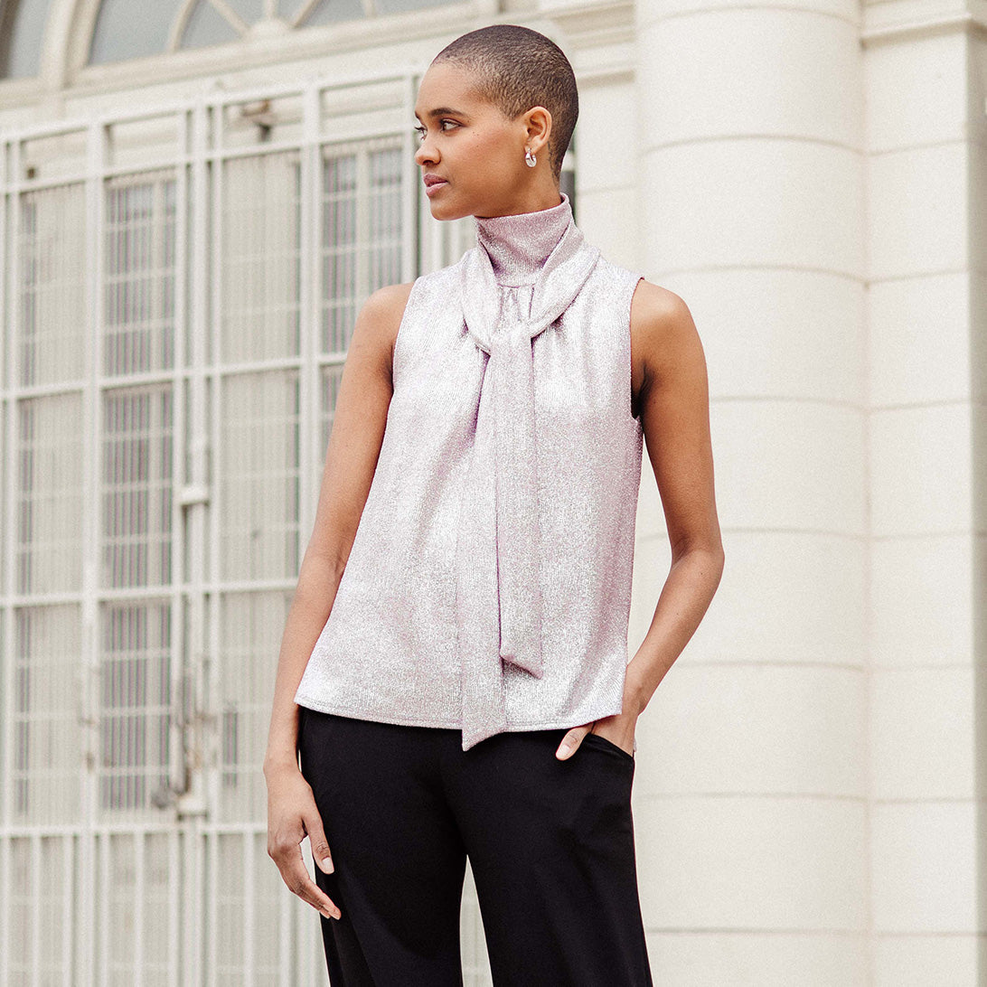 Glitter Foil - Mock Neck-Tie Detail Top - Pink - Final Sale! | Clara Sunwoo