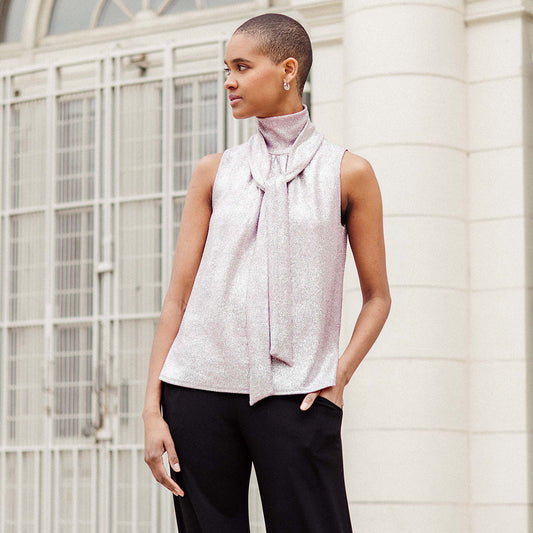 Glitter Foil - Mock Neck-Tie Detail Top - Pink - Final Sale! | Clara Sunwoo