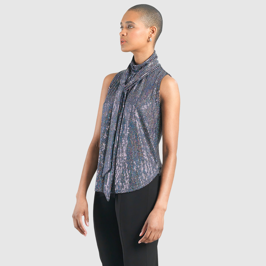 Shimmer Sequin - Mock Neck-Tie Detail Top - Silver Pinstripe - Final Sale | Clara Sunwoo