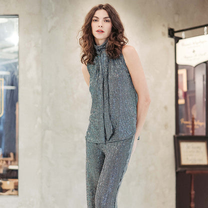 Shimmer Sequin - Mock Neck-Tie Detail Top - Silver Pinstripe - Final Sale | Clara Sunwoo