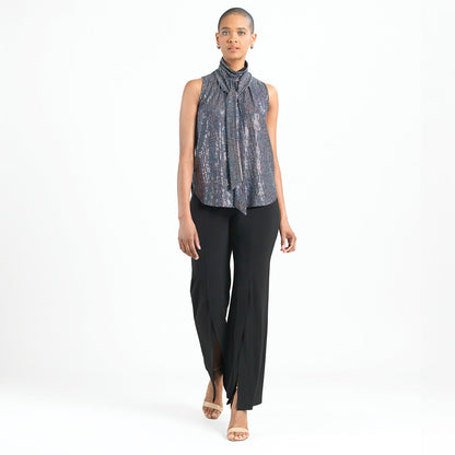 Shimmer Sequin - Mock Neck-Tie Detail Top - Silver Pinstripe - Final Sale | Clara Sunwoo