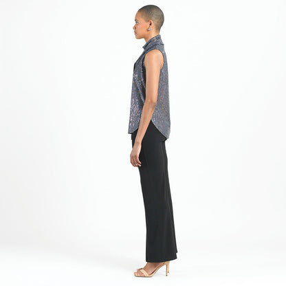 Shimmer Sequin - Mock Neck-Tie Detail Top - Silver Pinstripe - Final Sale | Clara Sunwoo