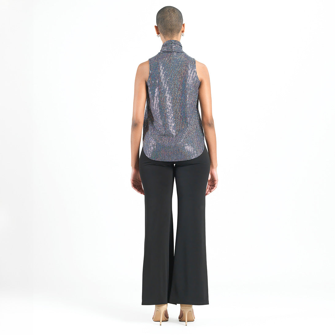 Shimmer Sequin - Mock Neck-Tie Detail Top - Silver Pinstripe - Final Sale | Clara Sunwoo