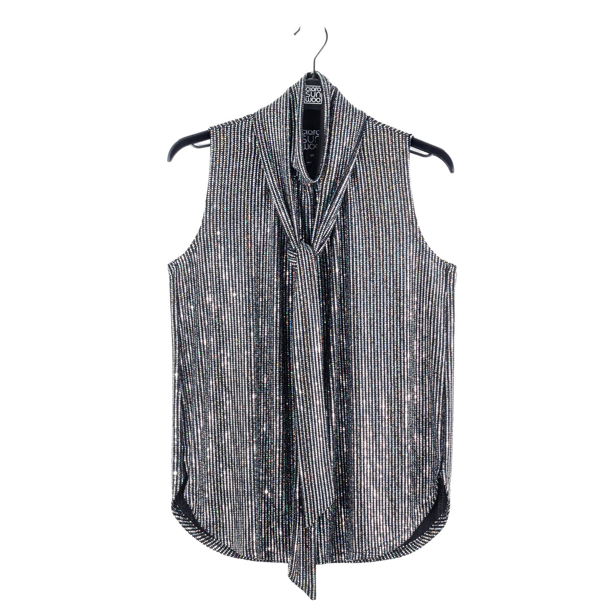 Shimmer Sequin - Mock Neck-Tie Detail Top - Silver Pinstripe - Final Sale | Clara Sunwoo