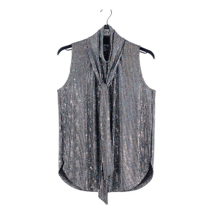 Shimmer Sequin - Mock Neck-Tie Detail Top - Silver Pinstripe - Final Sale | Clara Sunwoo