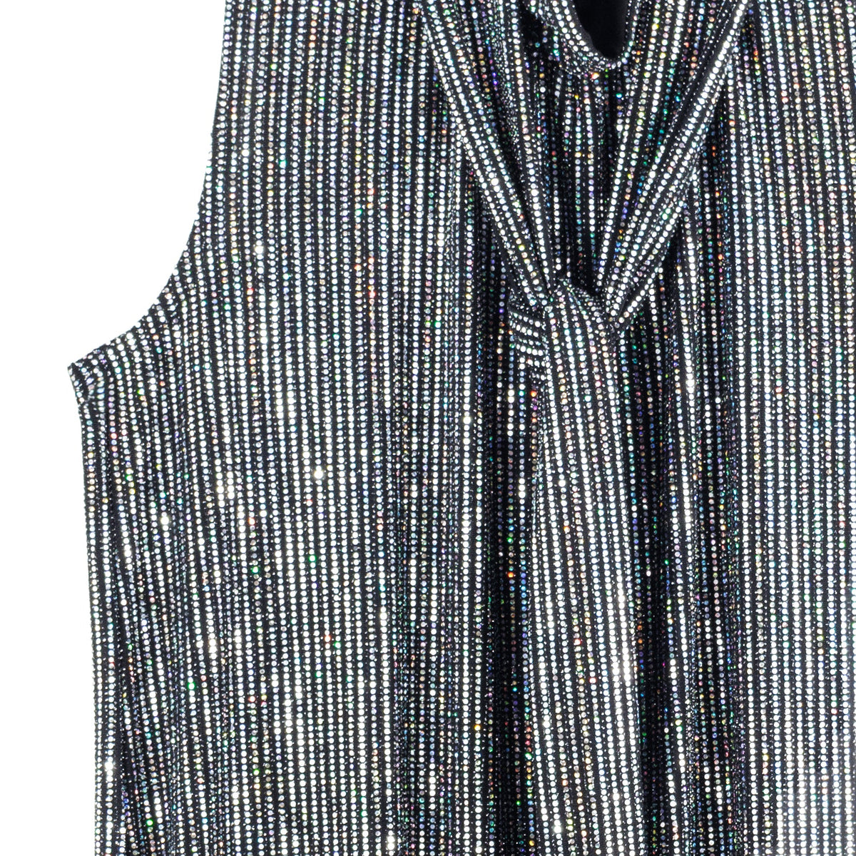 Shimmer Sequin - Mock Neck-Tie Detail Top - Silver Pinstripe - Final Sale | Clara Sunwoo