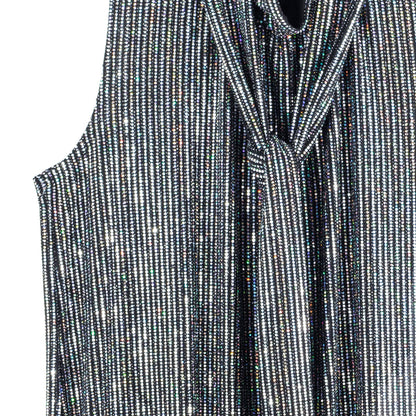 Shimmer Sequin - Mock Neck-Tie Detail Top - Silver Pinstripe - Final Sale | Clara Sunwoo