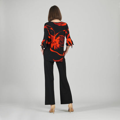 Tie Cuff Curved Hem Tunic - Floral Eclipse-Red - Final Sale | Clara Sunwoo