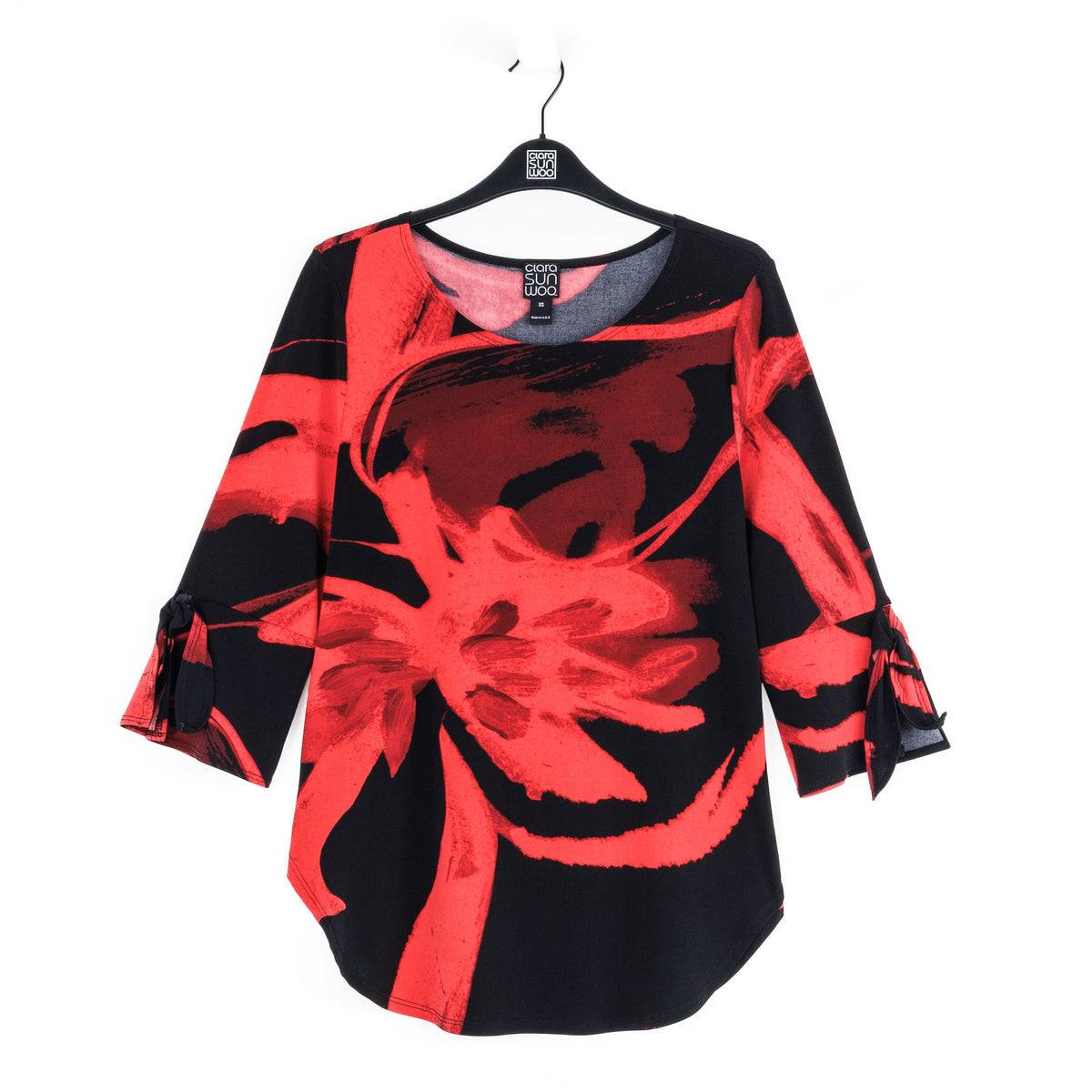 Tie Cuff Curved Hem Tunic - Floral Eclipse-Red - Final Sale | Clara Sunwoo