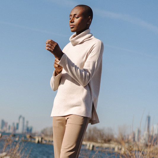 Faux Cashmere - Cowl Turtleneck Side Vent Sweater Tunic - Natural - Final Sale | Clara Sunwoo