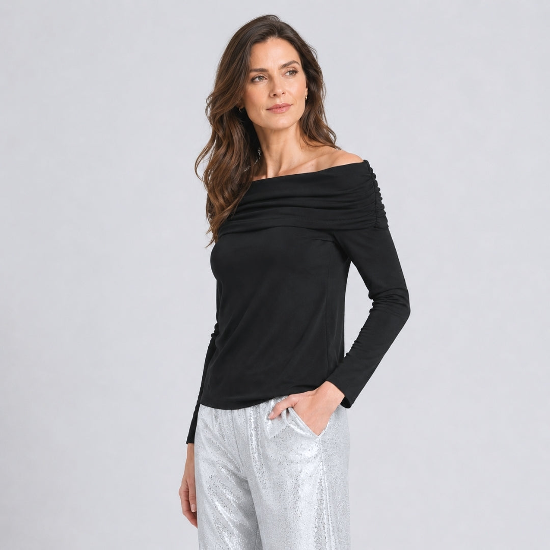 Ultra Cozy - Ruched Off-Shoulder Sweater Top - Black - Final Sale | Clara Sunwoo