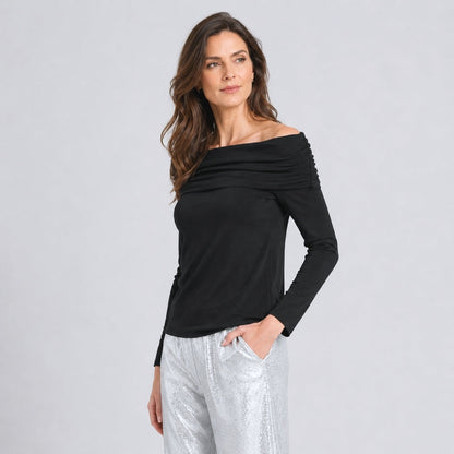 Ultra Cozy - Ruched Off-Shoulder Sweater Top - Black - Final Sale | Clara Sunwoo