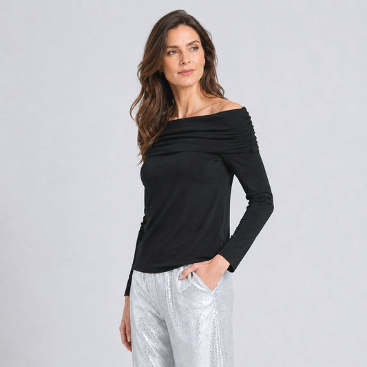 Ultra Cozy - Ruched Off-Shoulder Sweater Top - Black - Final Sale | Clara Sunwoo