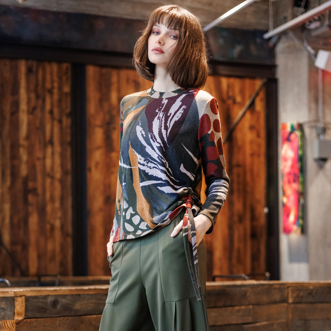 Cozy Knit - Side Pull-Tie Sweater Top - Abstract Harvest - Final Sale | Clara Sunwoo