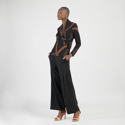 Lightweight Cozy - V-Neck Draped Pleat Sweater Top - Linear Geo | Clara Sunwoo