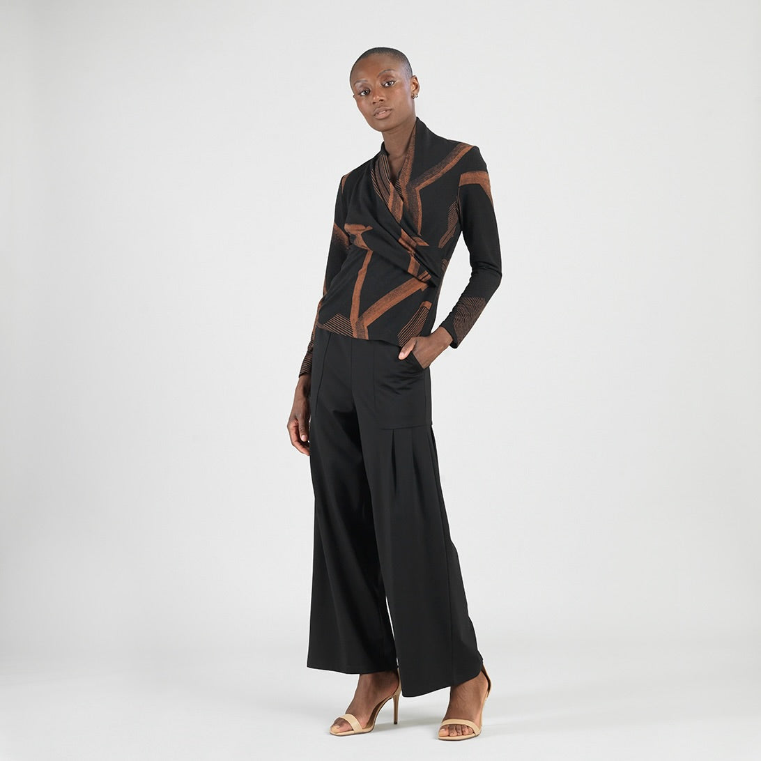Lightweight Cozy - V-Neck Draped Pleat Sweater Top - Linear Geo | Clara Sunwoo