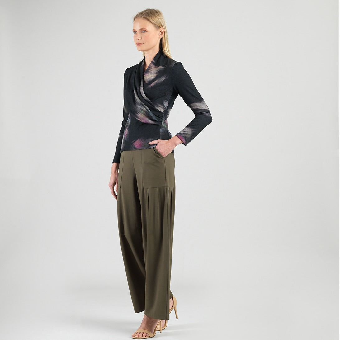 Cozy Knit - V-Neck Draped Pleat Sweater Top - Shadow Brush | Clara Sunwoo