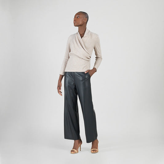 Faux Cashmere - V-Neck Draped Pleat Sweater Top - Natural - Final Sale | Clara Sunwoo