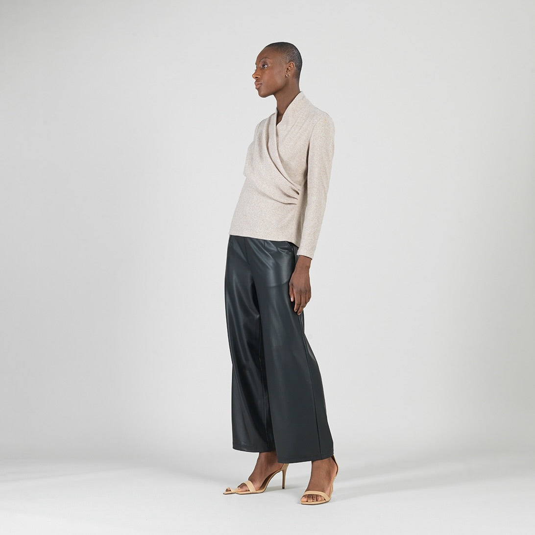 Faux Cashmere - V-Neck Draped Pleat Sweater Top - Natural - Final Sale | Clara Sunwoo