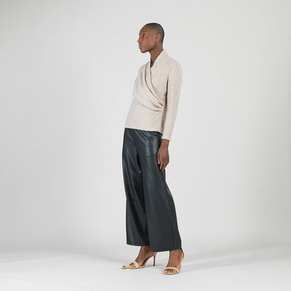 Faux Cashmere - V-Neck Draped Pleat Sweater Top - Natural - Final Sale | Clara Sunwoo