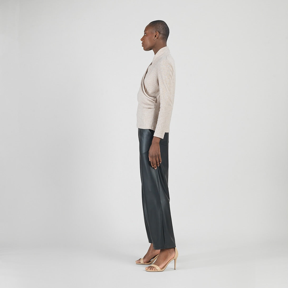 Faux Cashmere - V-Neck Draped Pleat Sweater Top - Natural - Final Sale | Clara Sunwoo