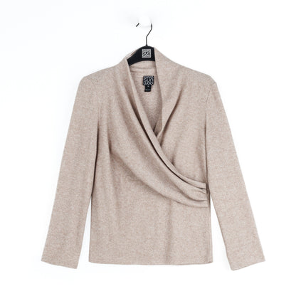 Faux Cashmere - V-Neck Draped Pleat Sweater Top - Natural - Final Sale | Clara Sunwoo